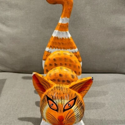 Vintage Rustic Wood Folk Art Orange Cat Desk Organizer Letter Holder - Image 1 of 4