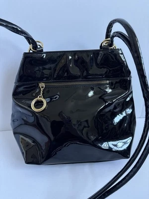 Vintage 60s 70s Mod Black Patent Leather Crossbody Shoulder Bag Purse  - Image 1 of 4