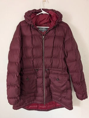 Chaqueta Eddie Bauer Mujer Grande Plumón Relleno Parka Con Capucha Borgoña Exterior Foto 1 de 4