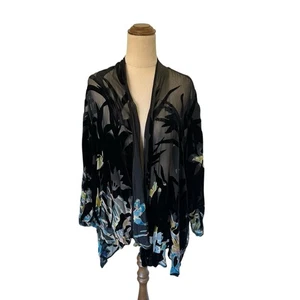 Citron Plus Size 2XL Black Silk Rayon Burnout Velvet Kimono Jacket Art to Wear - Picture 1 of 8