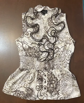 IZ Byer Womens Sleeveless Ruffle Blouse Top Brown White Paisley Floral Pattern - Image 1 of 4