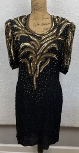 Mark & John Vintage 80s Black Beaded Gold Sequin Silk Party Dress Large??  READ - Picture 1 of 24