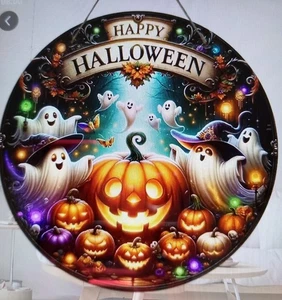 RETRO HAPPY HALLOWEEN 2D (piatto) DECORAZIONE LEGNO TONDO 20cm Nuovo APPESO - Foto 1 di 2