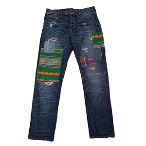 Polo Ralph Lauren Avery Boyfriend Jeans Women 28 Blue Patchwork Distressed Aztec - Picture 1 of 18