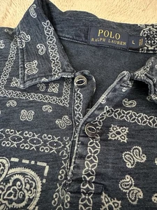 VTG Polo Ralph Lauren Men's S/S Button Up Bandana Shirt Blue. Size Large - Picture 1 of 8