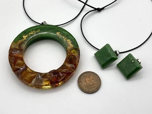 Jewellery Set Pendant and Earrings Real Baltic Amber Leather Tie Strap - Picture 1 of 10