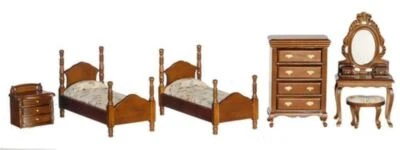 Dolls House Walnut Bedroom Furniture Set Miniature with Twin Single Beds 1:12 - Image 1 of 4
