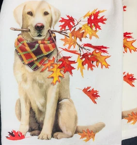 TWO Mary Lake Thompson yellow lab dog autumn leaves towel set flour sack gift L - Picture 1 of 4