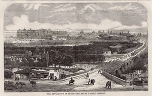 Vista del Palacio Real Madrid España desde el Puente de Segovia 1868 Estampado Vintage - Imagen 1 de 1