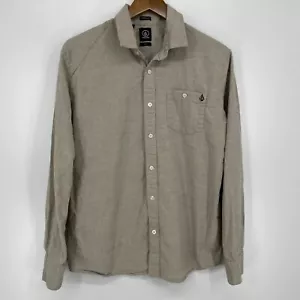 Volcom Long Sleeve Button Shirt Men's M Beige Classic Fit Collared Cotton Pocket - Picture 1 of 10