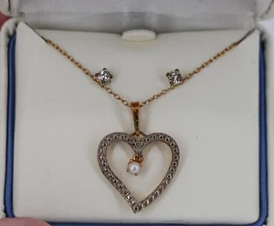 Heart Pendant Necklace Earrings Pearl Rhinestone Gold over 925 Silver Boxed Set - Picture 1 of 5