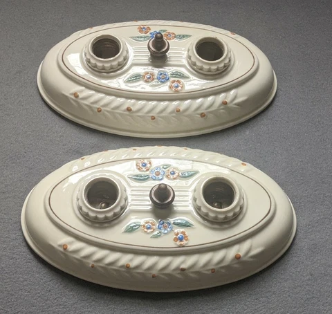 Pair PORCELIER 2-Bulb Porcelain Ceiling Lights Blue-Green-Orange Accents, Rewire Cover
