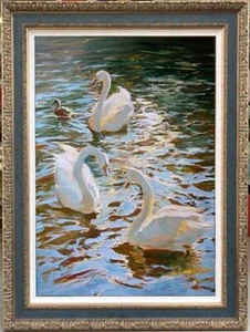 Handmade Original Art Oil Painting animal Swan on canvas 24"x36" - Picture 1 of 2