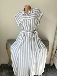 Vestito Maxi Camicia Calvin Klein XL 16 Vita Righe Crepe Texturizzato Manica Corta - Foto 1 di 11
