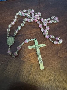 Gold Tone w Rose Beads I am a Catholic Notify A Priest Vintage Rosary Vintage - Picture 1 of 10