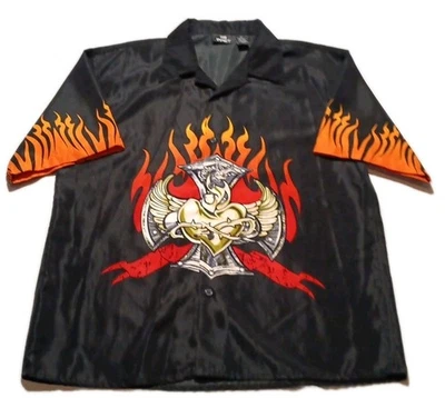 City Impact Shirt Men's Size Large Cross Heart Flames Loop Collar Skater Biker - Image 1 of 4