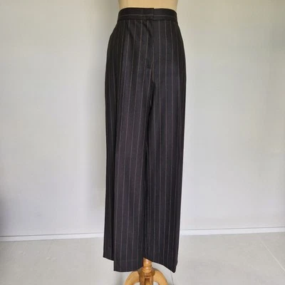 Max Mara Black & Brown Pinstripe Wool Blend High Rise Wide Leg Pants Size 12 - Image 1 of 4