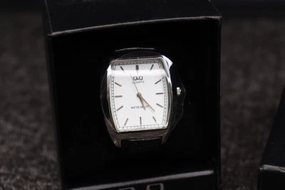 Q&Q Japan Mens Watch Silver Bezel Square White Dial Black Leather New - Image 1 of 4