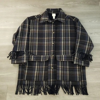 Abrigo para mujer H&M M/L a cuadros Manteco mezcla de lana italiana bolsillos volantes cuello Foto 1 de 4