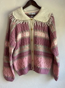 Vintage Woll Strickjacke Pullover L Pastell Cottagecore Peter Pan Coquette Perlen - Bild 1 von 10