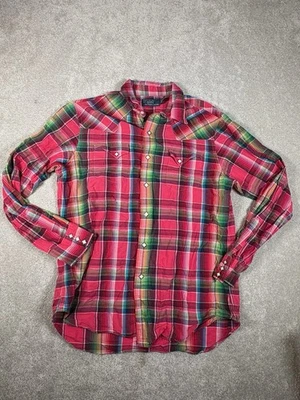Polo Ralph Lauren Men’s Sz L Diamond Pearl Button Rose/Multi Plaid Western Shirt - Image 1 of 4