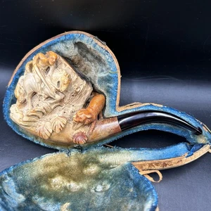 Pipa de tabaco vintage tallada a mano de espuma de mar con estuche de bolsillo forrado de terciopelo - Imagen 1 de 16