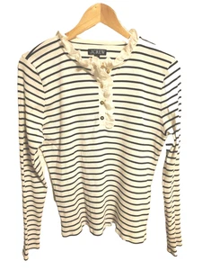J. Crew Striped Ruffle Collar Henley Long Sleeve Shirt Rib Knit Size XL Buttons - Picture 1 of 6