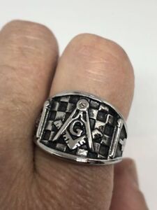 1980's Vintage Large Silver Stainless Steel Size 11.25 Men's Free Mason G Ring