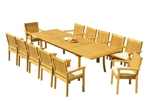 A-Grade Teak 13pc Dining 118" Rectangle Table 12 Leveb Stacking Arm Chairs Set - Picture 1 of 6
