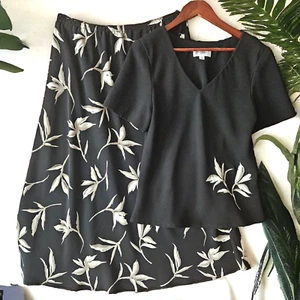 Abito midi donna STUDIO 1 2 pezzi taglia 14 nero A-Line stampa botanica poliestere - Foto 1 di 15