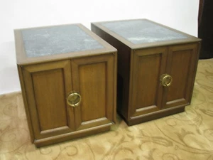 *PAIR* Dunbar-Inspired Walnut End Tables / Cabinets With Marble Insert Tops - Picture 1 of 12