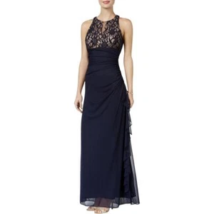 $445 BETSY & ADAM Womens NAVY BLUE LACE HALTER PLEATED LONG GOWN DRESS SIZE 10 - Picture 1 of 2