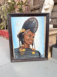 Rare Antique Original Oil Canvas Painting Of African Tribal Woman Artist Signed