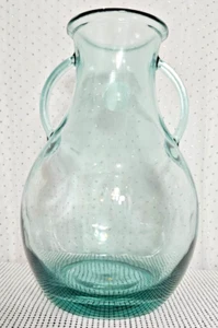 Large Handmade Spain Sea Green Recycled Glass Double Handle Pitcher Vase, 15" - Picture 1 of 10
