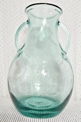 Large Handmade Spain Sea Green Recycled Glass Double Handle Pitcher Vase, 15" - Image 1 of 4