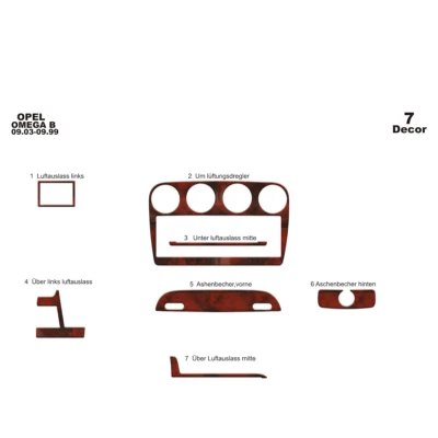 Kit de cubierta de tablero interior madera Opel Omega B 1993-1999 7 piezas Foto 1 de 4