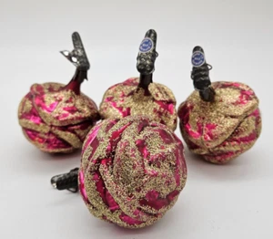 4 Vintage West Germany Blown Glass Dark Pink Rose Glitter Clip-On Ornament - Picture 1 of 9