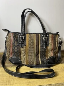 Vtg Fossil Cross Body Purse Fabric Suede Leather Handles Brown Shoulder Bag - Picture 1 of 5