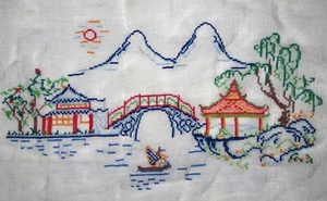 ANTIQUE CHINESE CROSS STITCH SILK TABLE CLOTHE VILLAGE PAGODA OLD TEXTILE - Picture 1 of 11