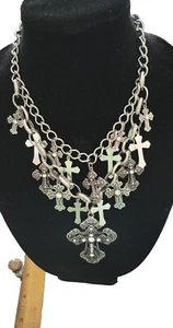 Silvertone Funky Goth Religious Multi Crosses Bib Necklace 16" w 3.5" + - Picture 1 of 4