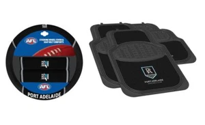 SET OF 2 PORT ADELAIDE POWER AFL TEAM CAR STEERING WHEEL COVER & 4 FLOOR MATS - Foto 1 di 4