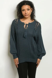 Teal Long Sleeve Knit Sweater Size Medium Eyelet Detail Keyhole Tie Neckline - Picture 1 of 2