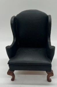 Miniature Dollhouse Faux Leather Black Wooden Armchair 6" Vintage - Picture 1 of 4