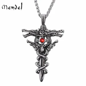 MENDEL Mens Gothic Large Dragon Sword Cross CZ Pendant Necklace Stainless Steel - Picture 1 of 5