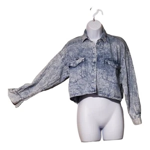 VTG Prezzia Women's S Blue Acid Washed Cropped Long Sleeved Denim Jean Shirt - Picture 1 of 11