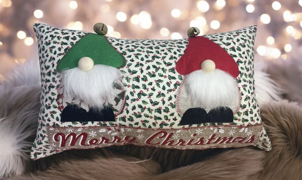 Handmade Christmas Scatter Cushion With Insert Decorated With Christmas Gonks - Image 1 of 1