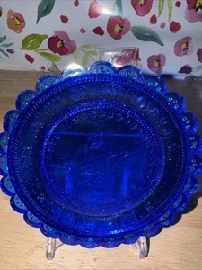 Vtg Pairpoint Glass Cup Plate Cobalt Blue Mayflower Descendants Plymouth MA - Picture 1 of 7