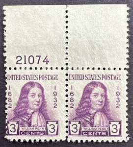 US 1932 Sc# 724 Plate # Joint Pair MNH William Penn 250th Anniv. Arrival - Picture 1 of 2