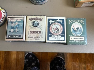 4 VINTAGE REPRODUCTION TIN CANs EMPTY spices,decoration Only - Image 1 of 4
