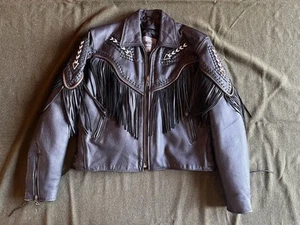 Unik Premier Leather Motorcycle Jacket Fringe Beaded Southwest Womens Sz 16 - Picture 1 of 14